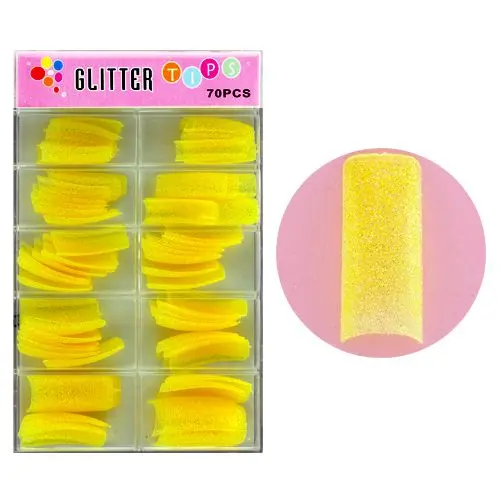 Light yellow fake nails with glitters - 70pcs