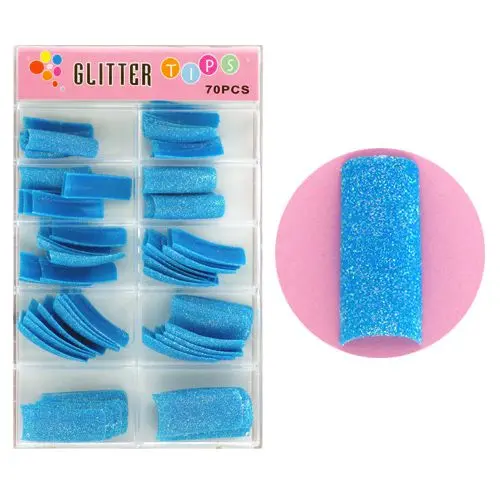 Blue glue-on glitter tips - 70pcs