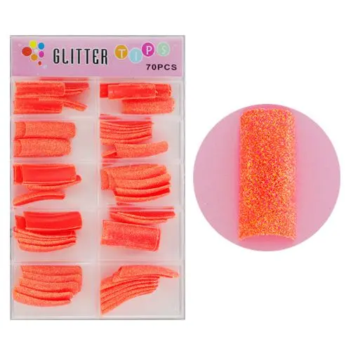 Glitter tips for nails, 70pcs - neon orange