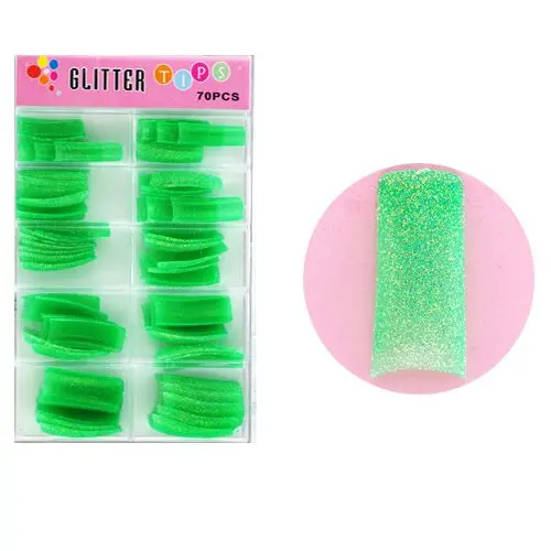 Deep green fake nails with glitters - 70pcs