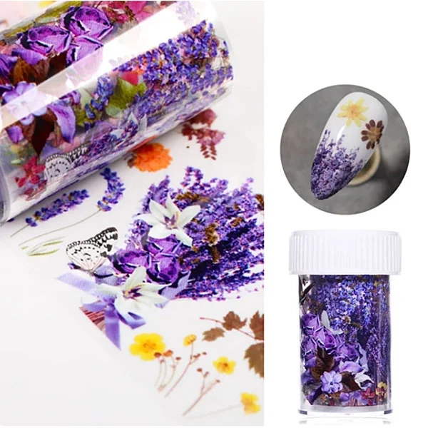 Decorative nail foil - transparent with flowers in violet colour