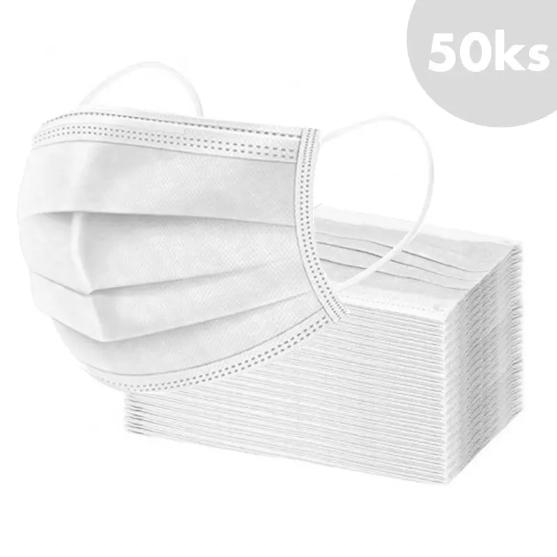 50pcs, Face mask with an elastic band – white, 3-layers