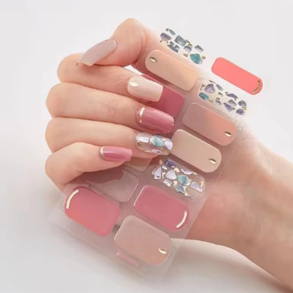 Gel semi-cured stickers – nude shades with rhinestones