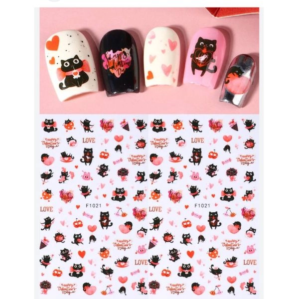 Nail sticker - hearts, cats