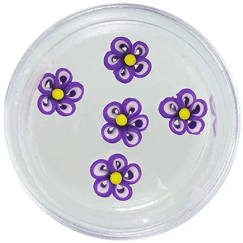 Deep purple and white nail decorations - acrylic flowers, yellow centre