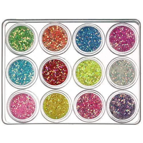Kit of 12pcs nail decorations in powder - hexagon 1mm, 5g